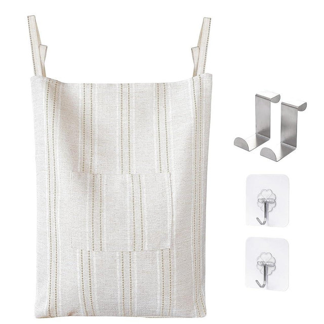AELS Farmhouse Hanging Laundry Hamper with 2 Hooks, Boho Beige & Brown Stripes Laundry Bag with Zipper & Wide Open Top, Over the Door Organizer for Dirty Clothes, Washable Space Saving Storage