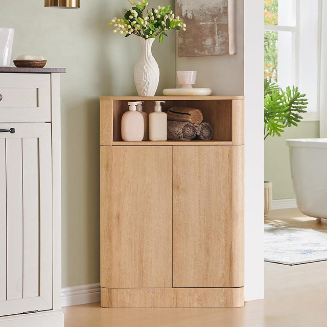 ACCOHOHO Modern Small Corner Cabinet with Adjustable Shelf and Magnetic Push Latch, 32" H Corner Storage Cabinet for Bathroom, Living Room and Kitchen, Natural Oak