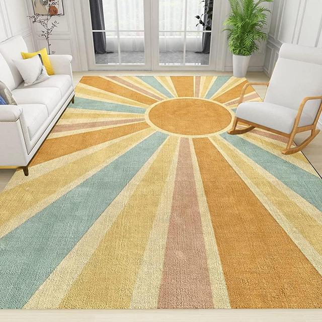 Boho Rainbow Sun Area Rugs, Colorful Bohemian Outdoor Runner's Carpet, Non-Slip Large Area Easy to Clean for Kids Boys Girls Living Room Bedroom Game Room Tea Table Sofa, 4ft x 5ft