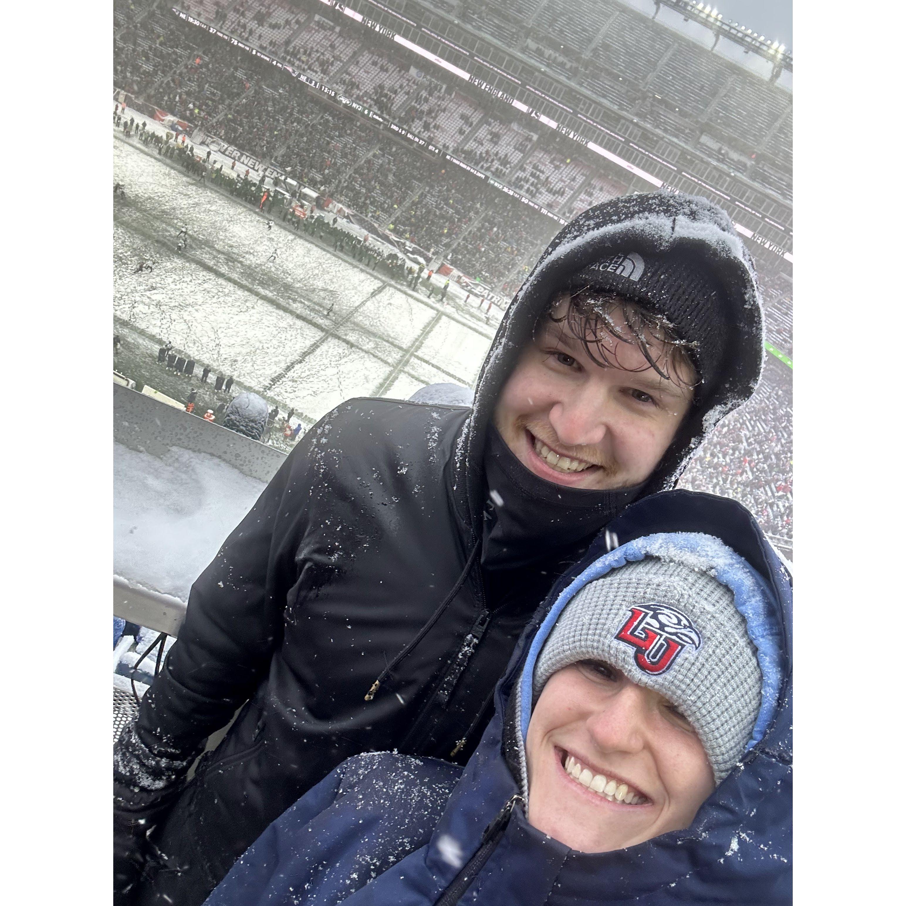 Patriots game in freezing weather Alyssa wore 4 pairs of pants and was still cold.