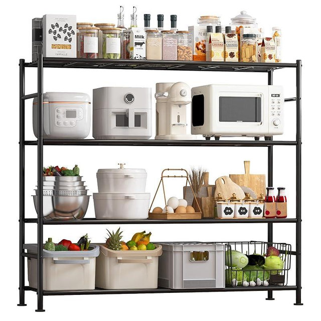 Sakugi Storage Shelves - 4 Tier Shelf Organizer, Heavy Duty Garage Shelving Unit with Leveling Feet, Stable Metal Shelves Organizer for Pantry, Kitchen and Closet, 46.3" W x 12.6" D x 46.6" H, Black
