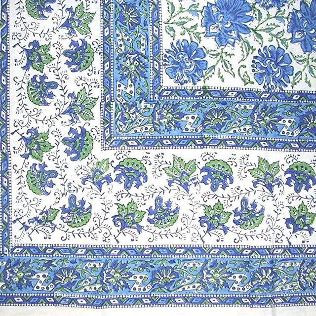 HOMESTEAD Lotus Flower Block Print Floral Cotton Tablecloth 90" x 60" Blue