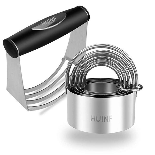HUINF Pastry Cutter Set,Dough Blender and Round Biscuit Cutter Stainless Steel,Heavy Duty Pastry Blender,5 Circle Dough Cutter with Handle-Smooth Baking Dough Tools