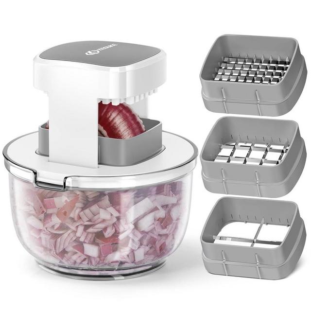 KEOUKE Vegetable Chopper Bowl Multi-functional 3 Interchangeable Blades Onion Chopper French Fry Cutter Veggie Dicer for Cucumber, Tomato, Zucchini, Carrot, Citrus