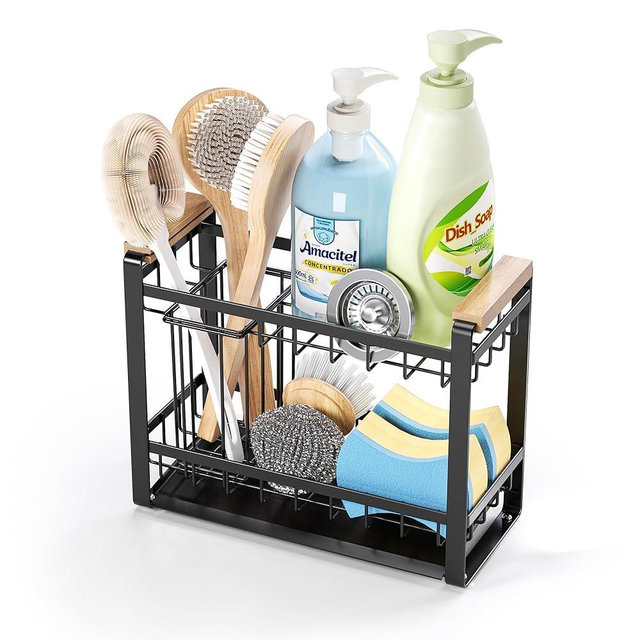 Sink Caddy Organizer with Wooden Handle, 2-Tier Rustproof Metal Sink Organizer Non-Slip Suction Cups, Multi-Functional Storage for Sponge, Soap Dispenser, Kitchen and Bathroom Countertop Accessories