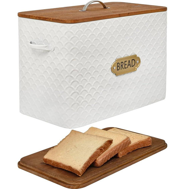EMAX HOME Extra Large Space Saving Farmhouse Bread Box With Wood Lid - Holds 2 Loaves - Vertical Breadbox Bread Storage Bin Holder for Kitchen Countertop, White