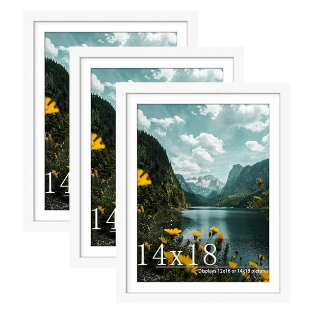 Picrit 14x18 Picture Frame 3 Pack, White Poster Frame, Display Poster 12 x 16 with Mat or 14 x 18 without Mat for Horizontal or Vertical Wall Mounting
