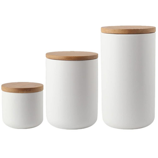 Set of 3 Kitchen Canisters with Bamboo Lids, Ceramic Food Storage Jar for Coffee, Flour, Sugar, Salt, Tea and More, Farmhouse Kitchen Jars for Counter (260ML, 800ML, 1000ML)
