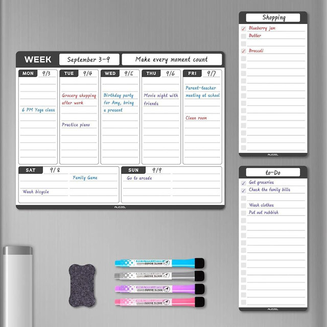ALEZEL Weekly Dry Erase Board for Refrigerator, Magnetic Weekly Calendar Planner for Fridge, Set of Magnetic Weekly Calendar & 2 List Whiteboards, 4 Markers + Eraser