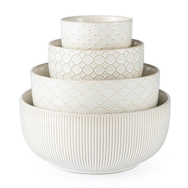 MIKIGEY Mikiegy Ceramic Mixing Bowls Set of 4, Nesting Ceramic Embossment Stoneware Mixing Bowls for Cooking, Seving, Popcorn, Salad etc, Microwave & Dishwasher Safe, 20/44/98/145 oz, Off-White