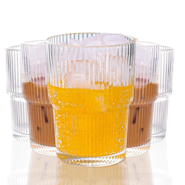 WeirdUncle Set of 6 Cute Ribbed Glassware,14oz Vintage Clear Glass Tumbler, Origami Style, Fluted Design, Ideal for Water, Iced Coffee, Juice, Milk Tea, Latte, Housewarming Gift