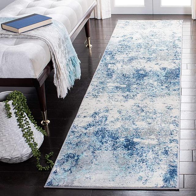 SAFAVIEH Brentwood Collection 2' x 14' Ivory/Navy BNT822B Modern Abstract Non-Shedding Living Room Bedroom Runner Rug