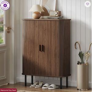 6-Tier Shoe Cabinet With Sliding Door & Adjustable Shelves For Entryway, Hallway, Living Room - Walnut