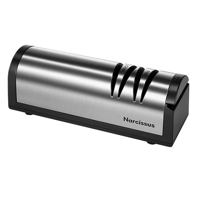 Narcissus Knife Sharpener, Professional 2 Stage Electric Knife Sharpener for Quick Sharpening & Polishing, with Scissors Sharpener and Metal Dust Collection Box, Stainless Steel, Silver