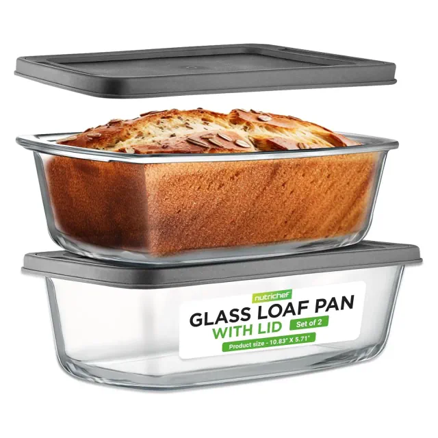 NutriChef 2 Sets High Borosilicate Glass Loaf Pan with Cover - Gray