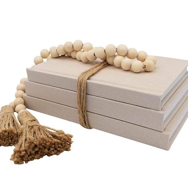 Kigan Home Linen Covered Decorative Books, Set of 3 (Assorted Size Latte Beige) - Neutral Fabric Books with Wooden Bead Garland for Home Decor, Shelves, Fireplace Mantel, Coffee Table, Tiered Tray