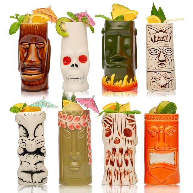 LEMONSODA Tiki Mugs Assorted Cocktail Set of 8 - Large Tumblers Ceramic Hawaiian Luau Party Mugs Drinkware, Cute Exotic Cocktail Glasses, Tiki Bar Professional Hawaiian Party Barware - 18-23.5oz
