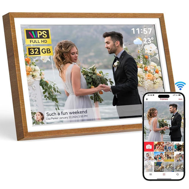 QOCEN Frameo 10.1 inch Digital Picture Frame, Smart WiFi Digital Photo Frame with 32G Memory, HD Touch Screen, Auto-Rotate, Slideshow(Warm Wood)