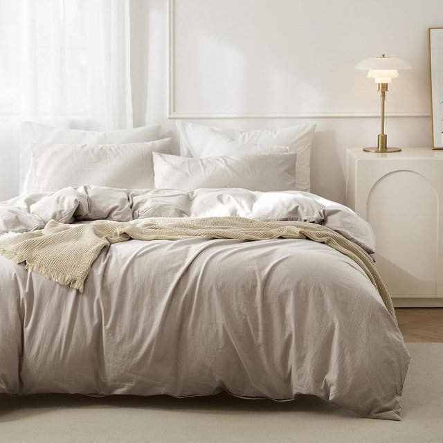 JIYUAN 100% Washed Cotton Duvet Cover Set Comfy Simple Style Soft Breathable Textured Durable Linen Feel Bedding for All Seasons Oversized King, Solid Tannish Linen Grey