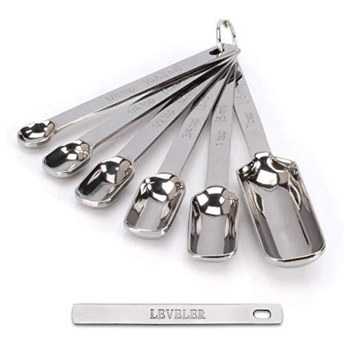 2lbDepot Measuring Spoons Set, Chrome Finish, Heavy-Duty Stainless Steel, Narrow, Long Handle Design Fits in Spice Jar, Set of 7 Includes Leveler