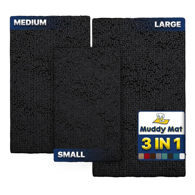 Muddy Mat® Pack of 3 Highly Absorbent Microfiber Dog Door Mat and Pet Rug, Non Slip Thick Washable Area Mat Soft Chenille for Kitchen Bathroom Bedroom and Outdoor - Black Small, Medium & Large