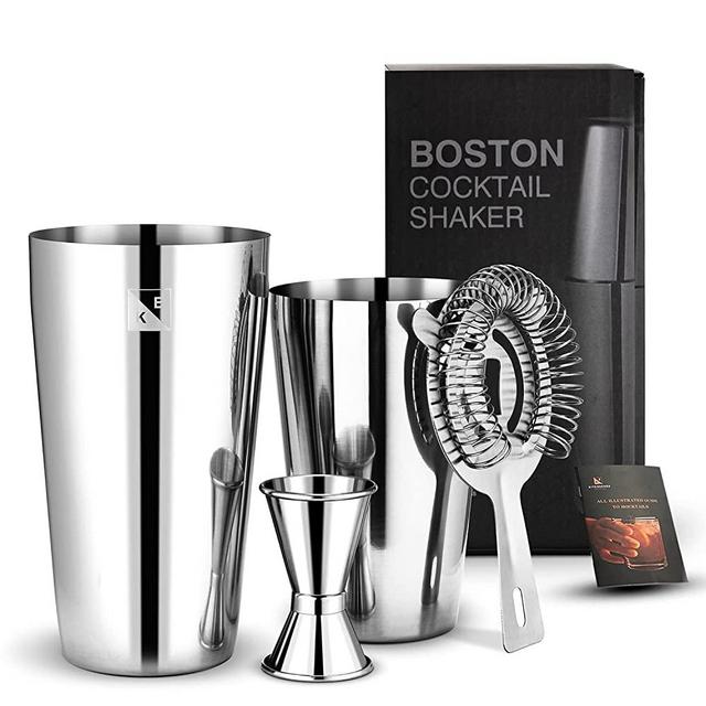 KITESSENSU Boston Shaker Set, Cocktail Shaker Set Bartending Kit with Boston Shaker Tins 20oz & 25oz, Cocktail Strainer, Measuring Jigger & Recipes Booklet, Premium 18/8 Stainless Steel