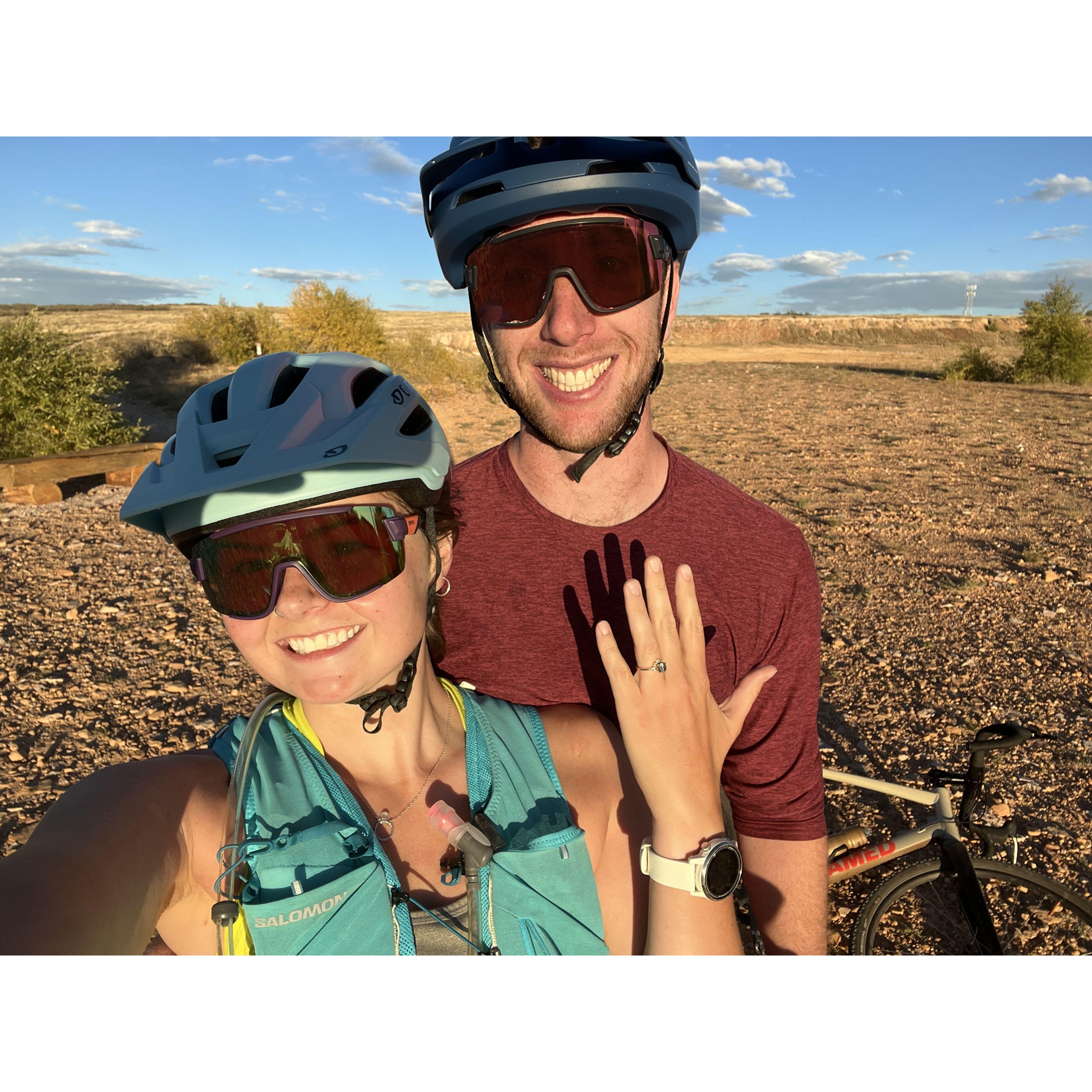 Engaged! :) On a mountain bike ride at Pilot Hill in Laramie.