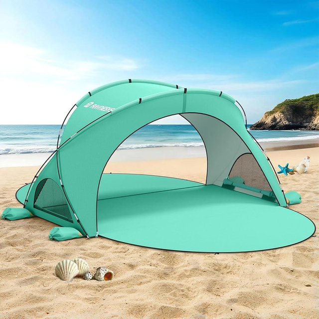 Raynesys Beach Tent Sun Shelter, Beach Shade Tent with UPF50+ UV Protection, Sun Shelter for 1-6 Person, Beaches Shade with 2 Zippered Doors, Portable Tents for Camping Fishing, Green
