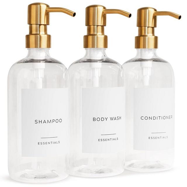 Stylish Shampoo and Conditioner Dispenser Set of 3 - Modern 21oz Shower Soap Bottles with Pump and Labels - Easy to Refill Body Wash Dispensers for an Instant Bathroom Decor Upgrade
