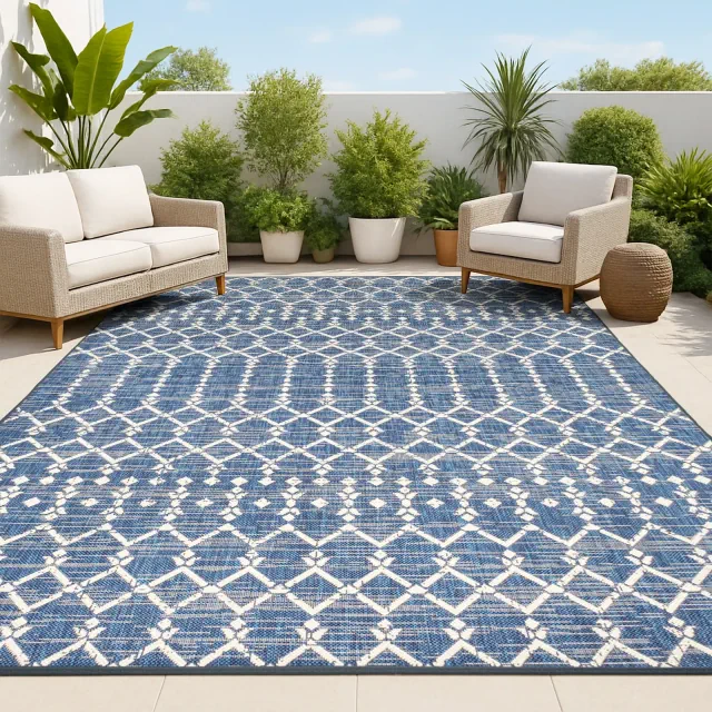 9' x 12' Ourika Moroccan Geometric Textured Weave Indoor/Outdoor Area Rug, Navy/Beige - JONATHAN Y
