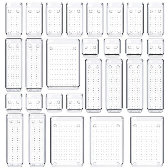SMARTAKE 28-Piece Drawer Organizers with Non-Slip Silicone Pads, 4-Size Clear Desk Drawer Organizer Trays Storage Tray for Makeup, Jewelries, Utensils in Bedroom Dresser, Office and Kitchen