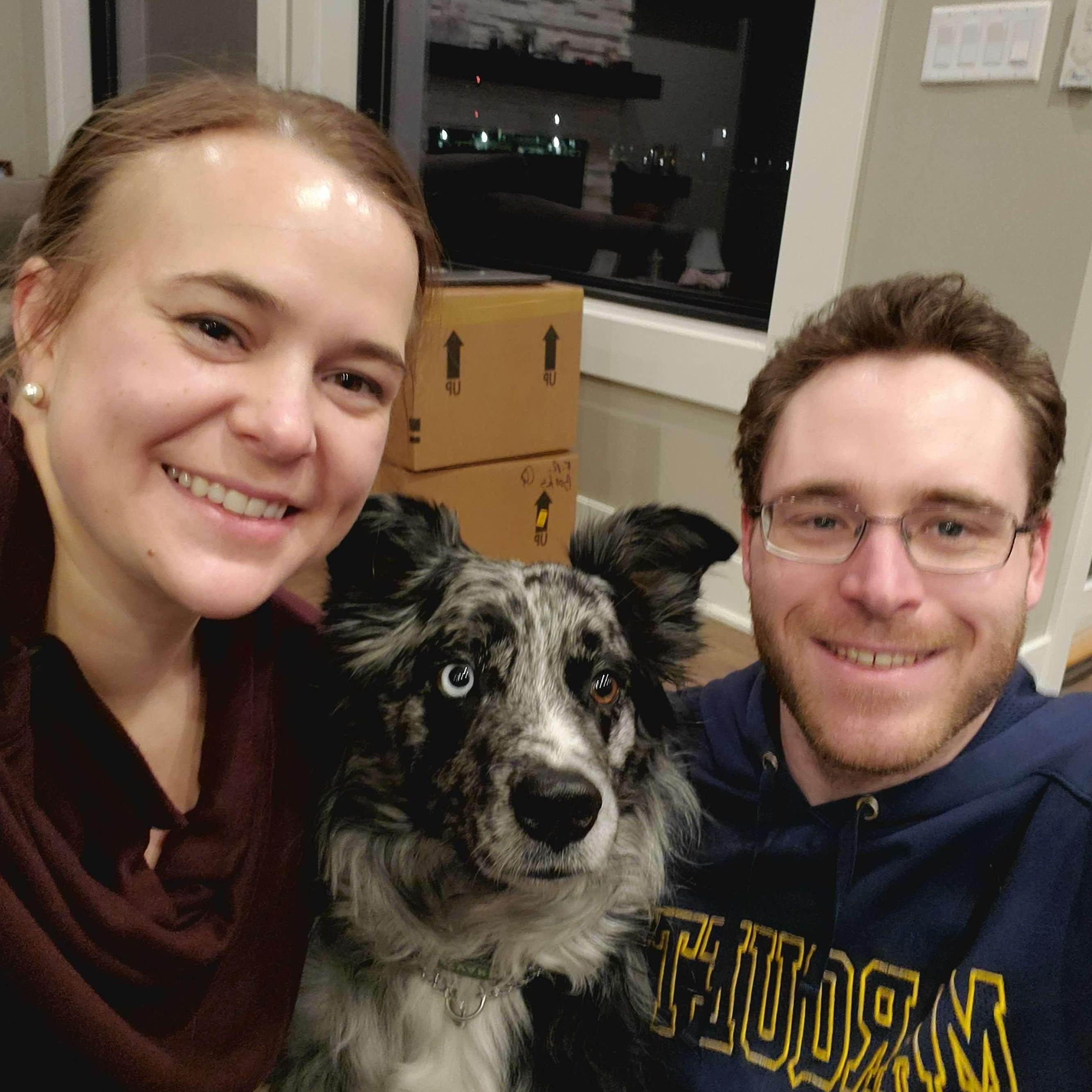 Bandit, Marc, and Nicole in the new house in Iowa on Bandit's 4th birthday!
