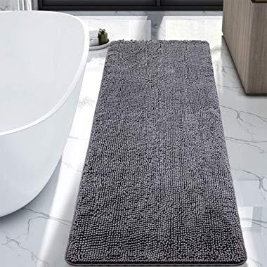 LOCHAS Luxury Bathroom Rug Grey Bath Mat Runner 24 x 60 Inch, Shaggy Washable Non Slip Bath Rugs for Bathroom Shower, Soft Plush Chenille Absorbent Carpets Mats, Grey