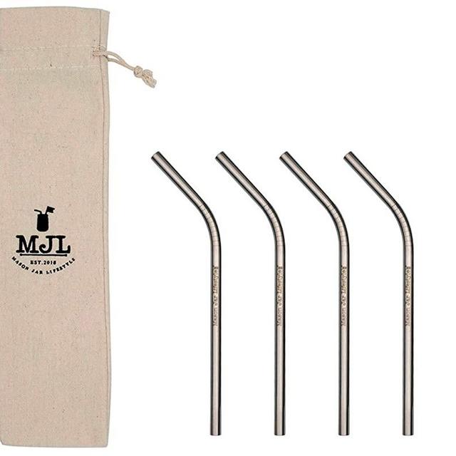 Short Thin Bent Stainless Steel Straws for Cocktail Glasses, Kids, Small Cups, or Half Pint Mason Jars (4 Pack + Cleaning Brush + Cloth Bag)