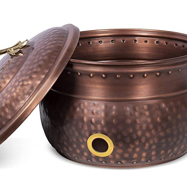 BIRDROCK HOME Water Hose Holder with Lid - Ground Garden Hose Pot - Decorative - Handle - Embossed - Steel Metal with Copper Accents - Outdoor or Indoor Use