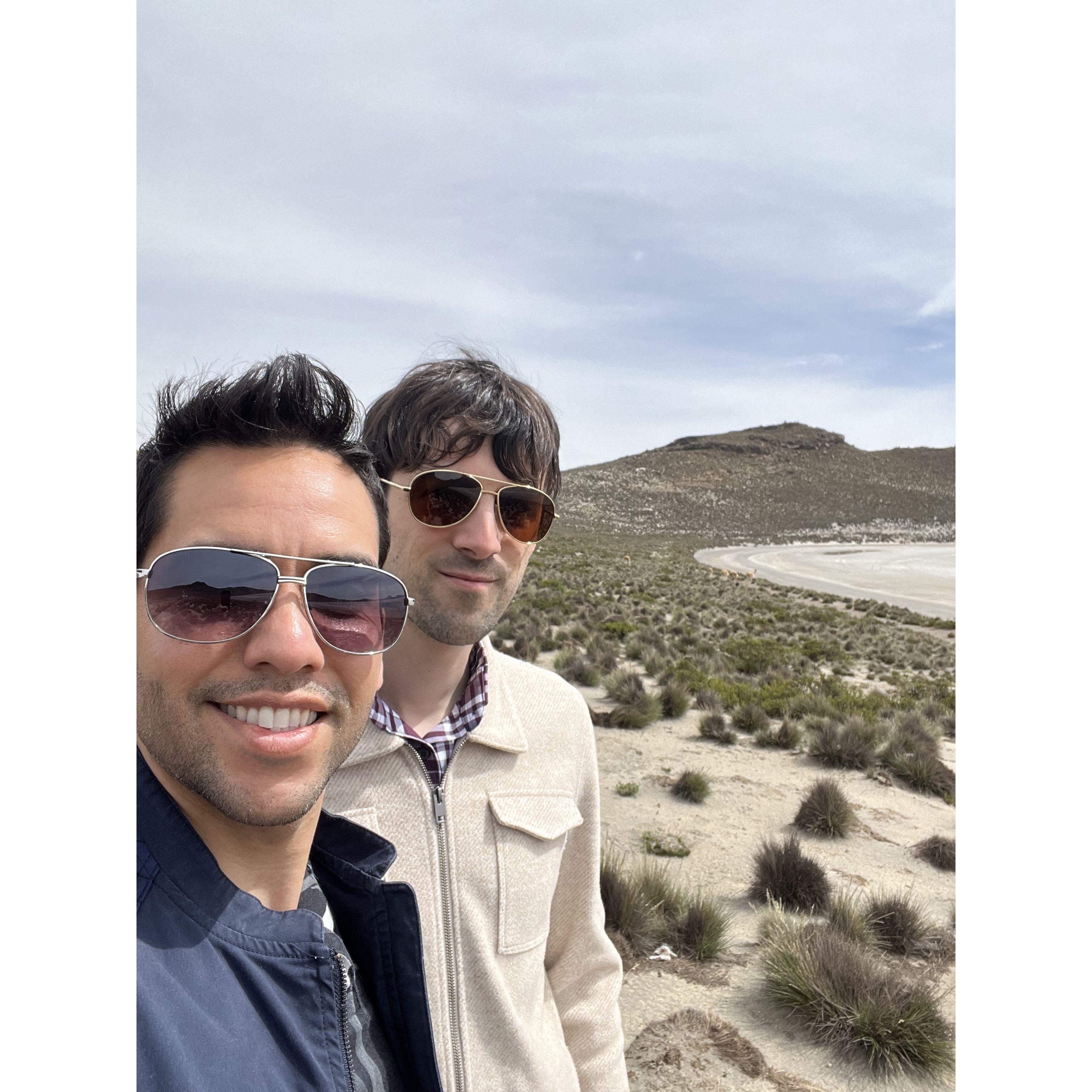 Steven fell in love with Arequipa because of their food and landscapes (and because Diego is Arequipenian!). This photo features Diego and Steven in El Salar de Salinas.
