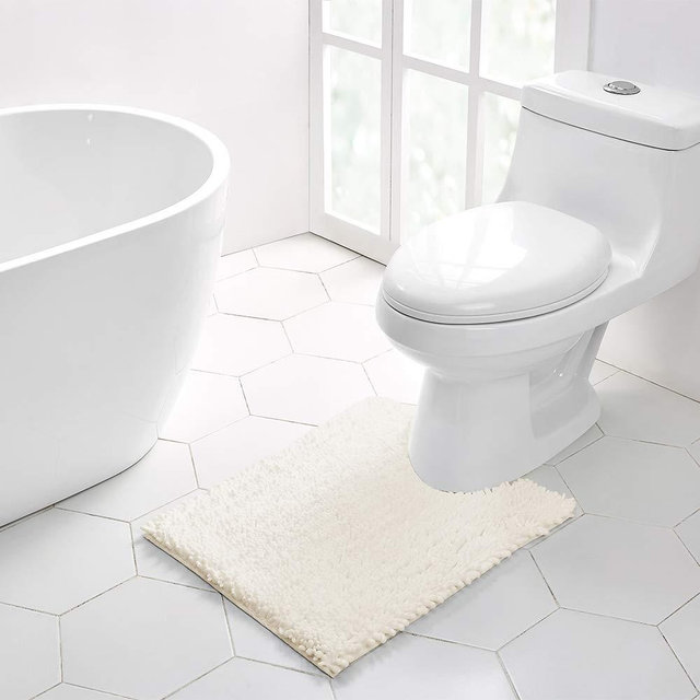 Walensee Bathroom Contour Rug Non Slip Toilet U Shaped Bath Mat (20x24, Ivory) Water Absorbent Super Soft Shaggy Chenille Machine Washable Dry Extra Thick Perfect Absorbant Best Plush Carpet