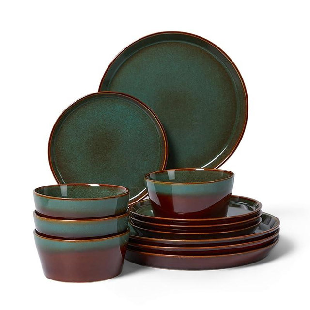 Pokini Plates and Bowls Sets for 4, Ceramic Dinnerware Sets, Kitchen Dish Set, Microwave & Dishwasher Safe Dishware, Highly Durable Hand Glazed Dinner Set, Brown Green
