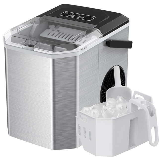 Silonn Ice Maker Countertop, Stainless Steel Portable Ice Machine with Carry Handle, Self-Cleaning Ice Makers with Basket and Scoop, 9 Cubes in 6 Mins, 26 lbs per Day