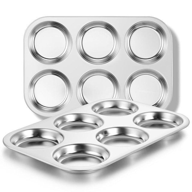 E-far Muffin Top Pan Set of 2, Stainless Steel 6-Cavity Hamburger Bun Pan for Baking Whoopie Pie, Yorkshire Pudding, Eggs, Moon Pie, Drop Cookies, Non-toxic & Standard Size, Oven & Dishwasher Safe