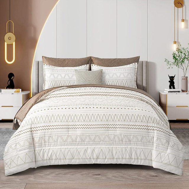 WONGS BEDDING Brown Boho Comforter Set Queen 7 Pieces Bed in a Bag Geometric Striped Comforter Reversible Soft Microfiber Bedding Set with Pillowcases,Flat Sheet,Fitted Sheet,Pillow Shams