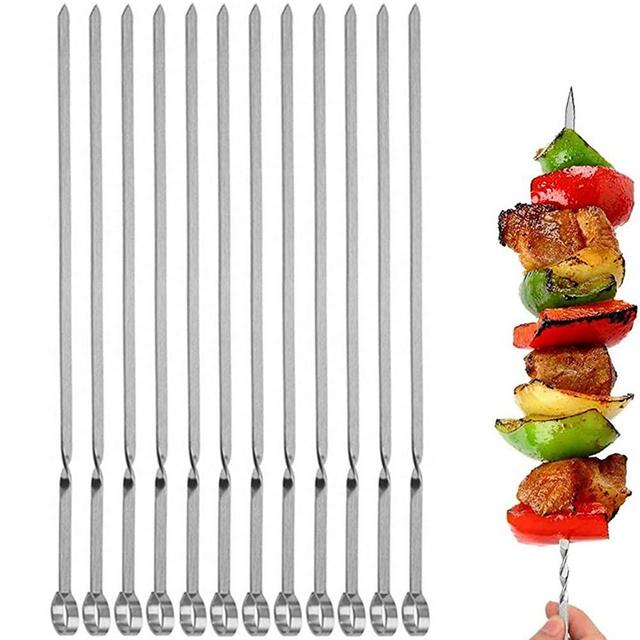 12PCS Kabob Skewers Flat Metal BBQ Barbecue Skewer 14" Long Stainless Steel Shish Kebob Sticks Wide Reusable Grilling Skewers Set for Meat Shrimp Chicken Vegetable, 12 Pack