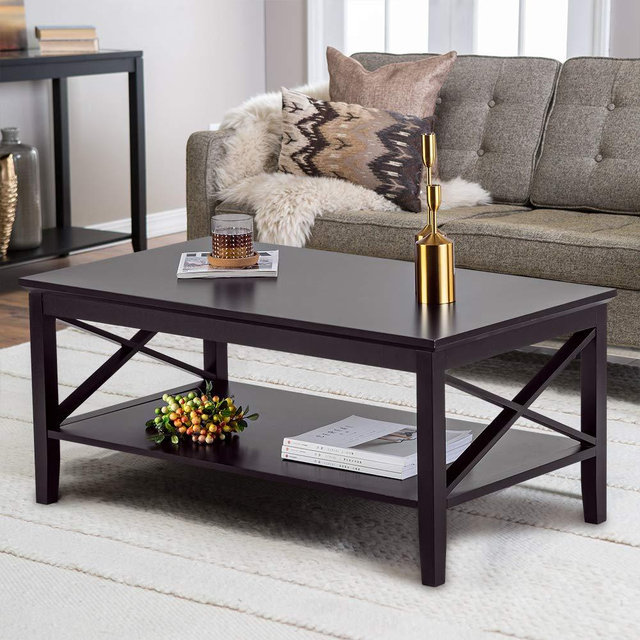 ChooChoo Coffee Table Classic X Design for Living Room, Rectangle Coffee Table with Storage Shelf, 39 Espresso