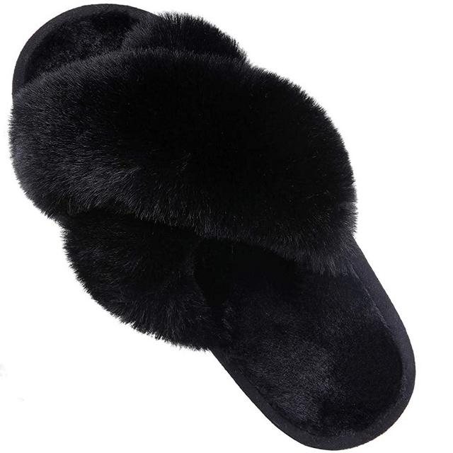 Women's Soft Plush Lightweight House Slippers Non Slip Cross Band Slip on Open Toe Cozy Indoor Outdoor Slippers
