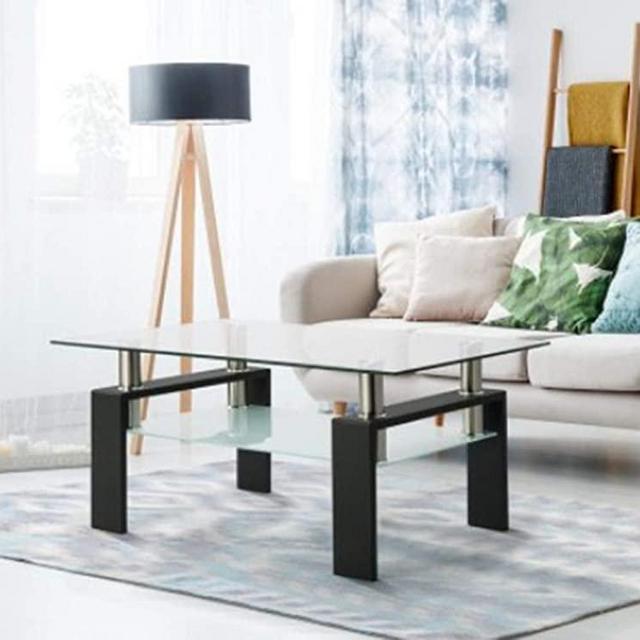 Tempered Glass Coffee Table for Living Room, Modern Living Room Table with Lower Shelf, Clear Tempered Glass Top with Metal Legs, Living Room Furniture, Waiting Area Table, 39.4"W X 23.7"D X 17.7"H