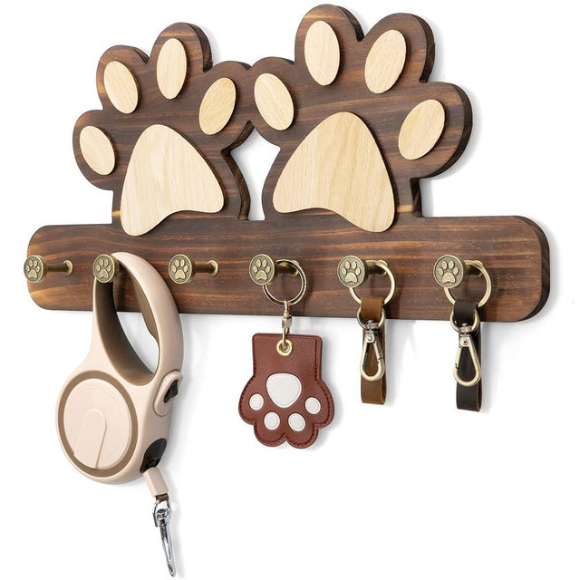 MTERSN Farmhouse Key Holder for Wall - Decorative Dog Leash Hanger Wall Mounted and Coat Rack with 6 Unique 3D Dogs Claw Hooks - Dog Accessories Organizer for Rustic Home Decor（Brown）