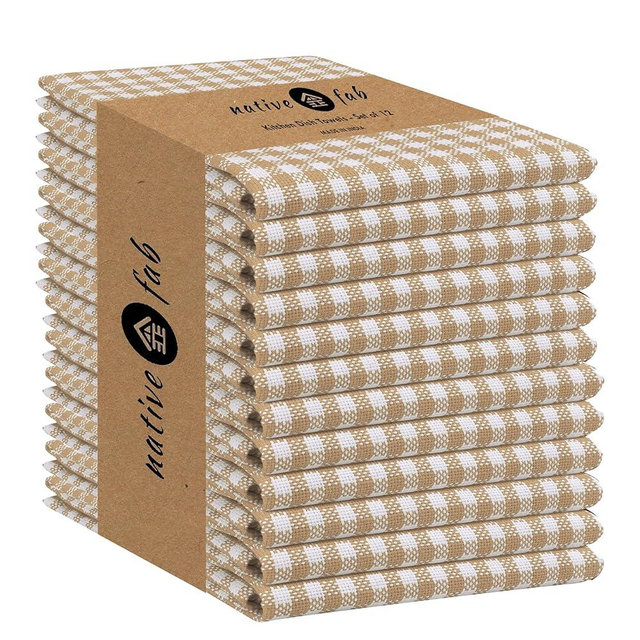 Native Fab Gingham Check Kitchen Dish Towels 16"x26" Set of 12-100% Cotton Mini Plaid Washcloths - Absorbent Dish Cloths Set, Cleaning Hand Towels with Hanging Loop - Beige White