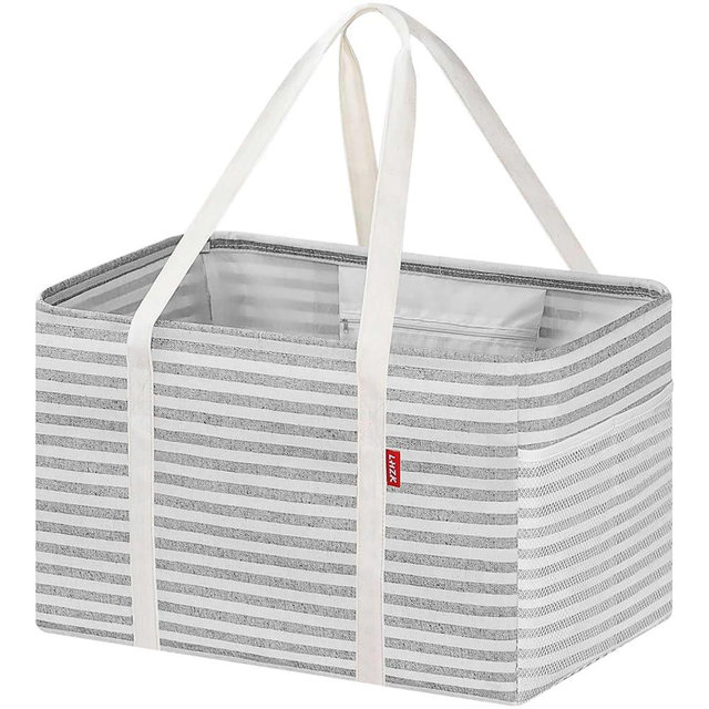 LHZK Standing Utility Tote Bag with Metal Wire Frame and the Sides Rinforced, Large Tote Bag with Handle, Reusable Grocery Bags Foldable, Beach Bag, Car Tote (Gray, 18.5''x11.8''x11.5'') | Metal Wire Frame