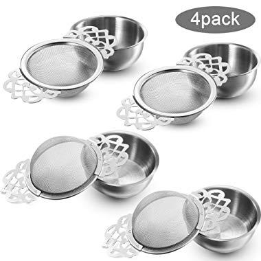 Empress Tea Strainers with Drip Bowls, Mesh Tea Infuser Stainless Steel Loose Leaf Tea Filter with Double Winged Handles for Better Tea Experience (Silver, 4 Pieces)