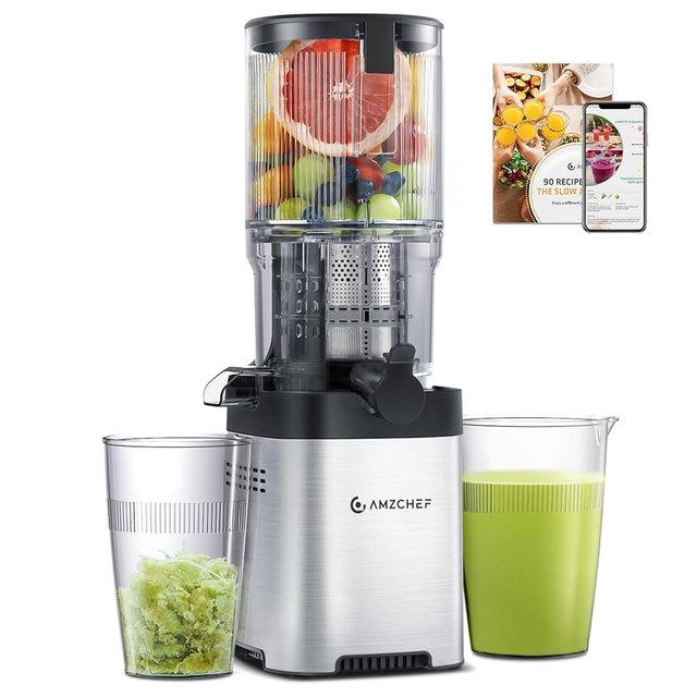 AMZCHEF Cold Press Juicer, Juicer Machines - 5.2" Large Feed Chute for Whole Fruits & Vegetables, Stainless Steel Slow Masticating Juicer Easy to Clean, Large Auger, Triple Strainers, Silver